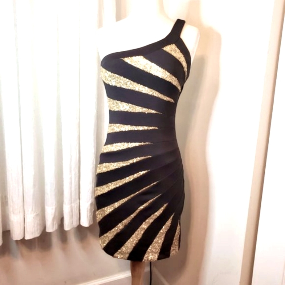 Bebe Womens Dress Luxury Designer Fitted Black Gold Sequins Dress-S